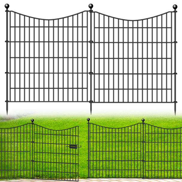 CLEASO 10 PANELS DECORATIVE GARDEN FENCE WITH GATE, 32" X 23.6 FT - BLACK