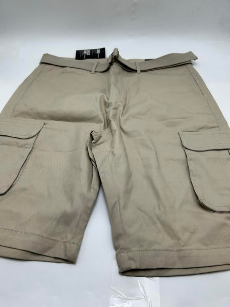 BLU ROCK MEN'S SLIM FIT STRETCH BELTED CARGO SHORTS - SIZE: MEN 36 - STONE New
