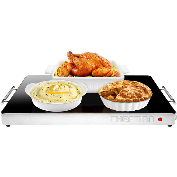 CHEFMAN ELECTRIC WARMING TRAY ADJUSTABLE TEMPERATURE GLASS TOP 21” X 16” - BLACK