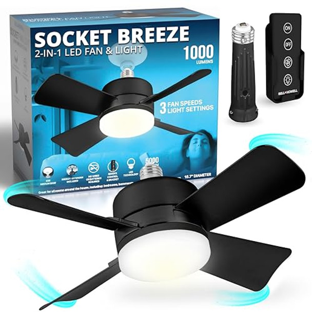 BELL+HOWELL SOCKET BREEZE SOCKET FANS LIGHTS FAN LIGHT 3500K 1000 LUMENS BLACK BELL+HOWELL SOCKET BREEZE SOCKET FANS LIGHTS FAN LIGHT 3500K 1000 LUMENS BLACK