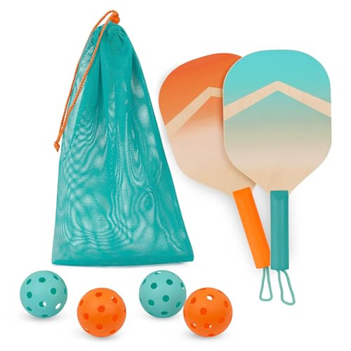 B SPORTS B TOYS KIDS PICKLEBALL GAME WOODEN PADDLE SET BX2347Z - BLUE/ORANGE