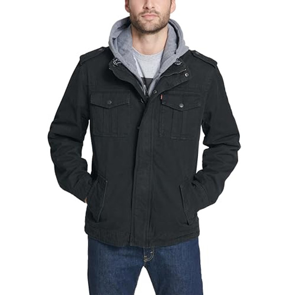 LEVI'S MEN'S WASHED COTTON HOODED MILITARY JACKET MEN XL BLACK New LEVI'S MEN'S WASHED COTTON HOODED MILITARY JACKET MEN XL BLACK New