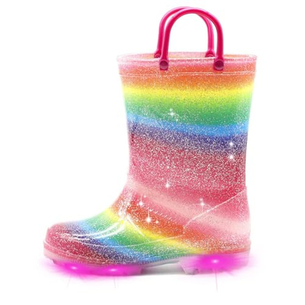 EUXTERPA KIDS TODDLER LIGHT UP RAIN BOOTS PATTERNS GLITTER SIZE Y8 - RAINBOW New