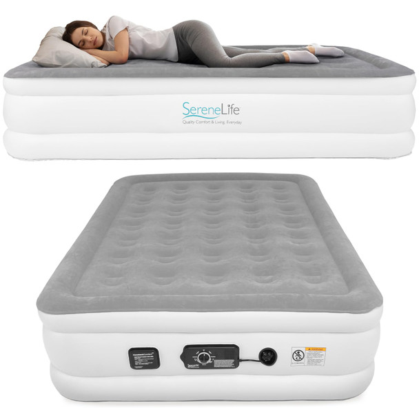 SereneLife Luxury Full Size Air Mattress built-in Speed Pump, SLABFL60 - Gray