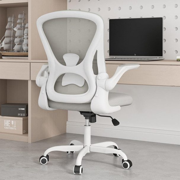 SYTAS ERGONOMIC DESK CHAIR WITH PADDED LUMBAR SUPPORT FLIP UP ARMS - WHITE/GRAY