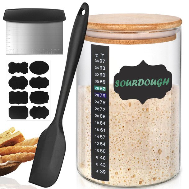 KMISE SOURDOUGH STARTER JAR, 34 OZ DIY PRO GLASS THERMOMETER, SPATULA - CLEAR