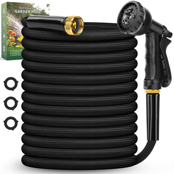 Garden Hose 100FT Non-Expanding Lightweight Hose 8 Function Nozzle - BLACK Garden Hose 100FT Non-Expanding Lightweight Hose 8 Function Nozzle - BLACK