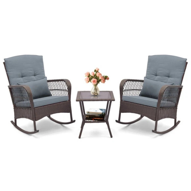 COSTWAY - 3 PCS PATIO ROCKING CHAIRS WITH DOUBLE-LAYER COFFEE TABLE - GRAY New