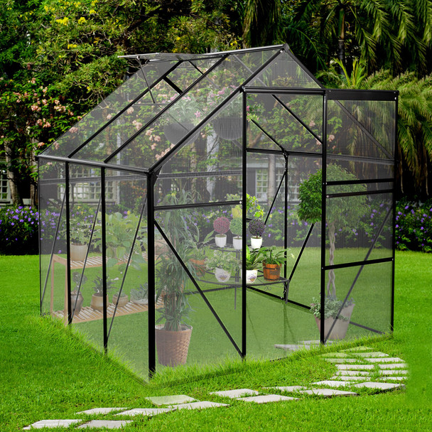 6x6 FT Polycarbonate Greenhouse with Raised Base with Sliding Doors - BLACK