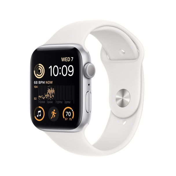 Apple Watch SE 2nd Gen GPS 44mm Silver Aluminum Case White Band, M/L