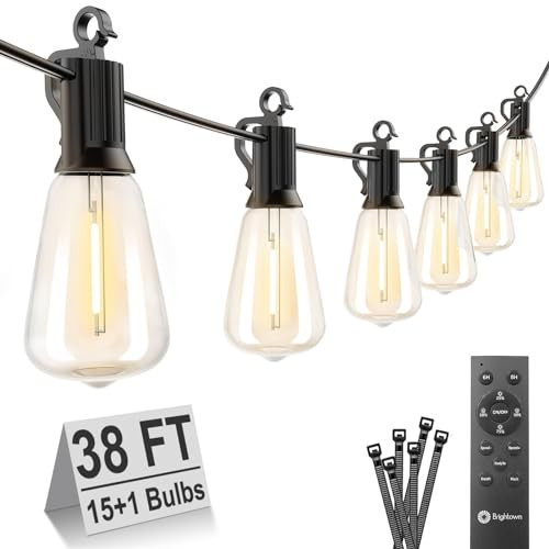 Brightown Outdoor String Lights Remote 38FT LED Patio 16 Shatterproof - Black