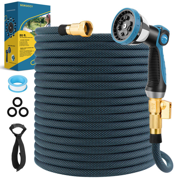 DOKOCCY GARDEN HOSE 50 FT KINK FREE WATER 10 SPRAY NOZZLE BRASS ALLOY - BLUE