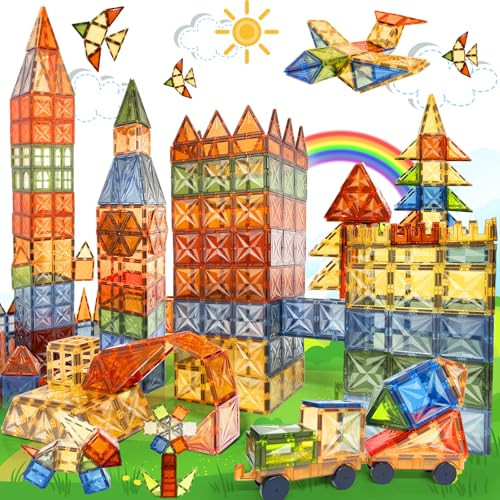 HARWORLIFE MAGNETIC TILES, DIAMOND 120 PCS 2 CARS MAGNETIC BLOCKS - MULTICOLOR New