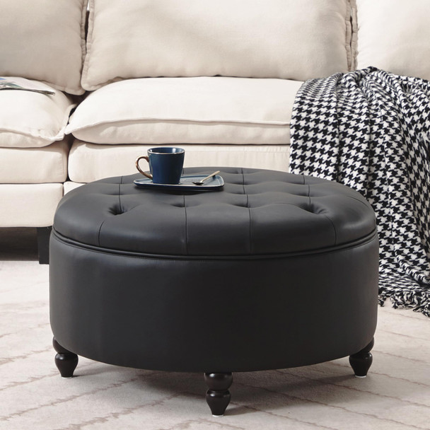 IMMULIZE 30" Ottoman Modern Button Circle Storage Coffee PU Leather - BLACK
