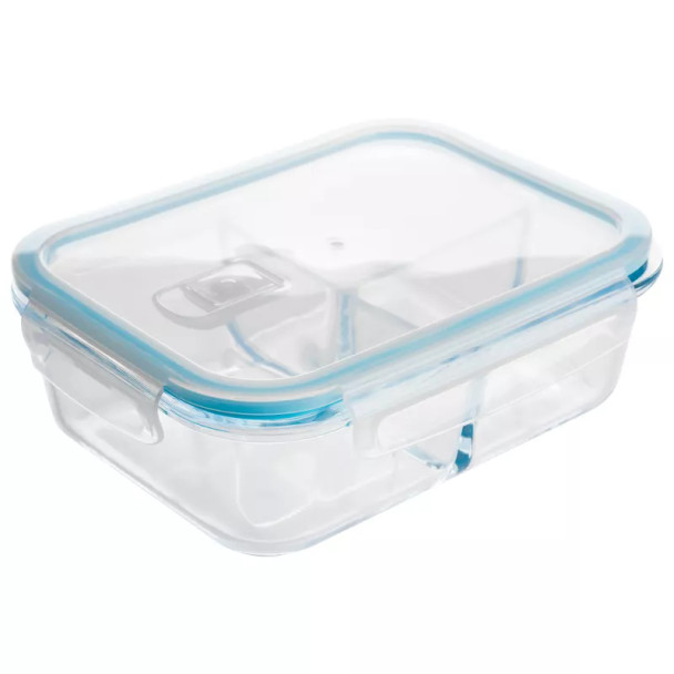 LEXI HOME 51 OZ. 3-COMPARTMENT BOROSILICATE GLASS FOOD STORAGE - CLEAR/BLUE New