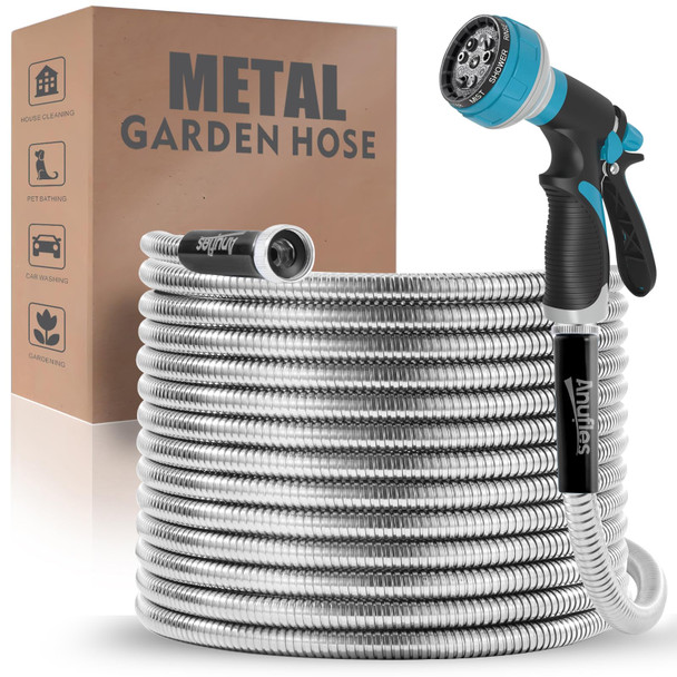 ANUFLES METAL GARDEN HOSE 100FT- STAINLESS STEEL WATER HOSE - SILVER HOSE