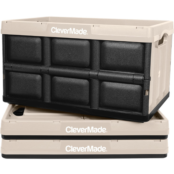 CLEVERMADE COLLAPSIBLE STORAGE BINS - TAN 3 PACK 46L - STACKABLE CONTAINERS