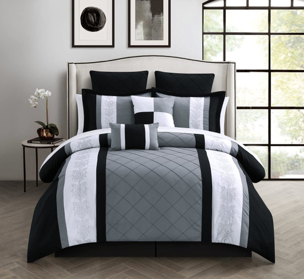CHIC HOME STORE 8-PIECE EMBROIDERY COMFORTER SET KING LIVINGSTON BLACK