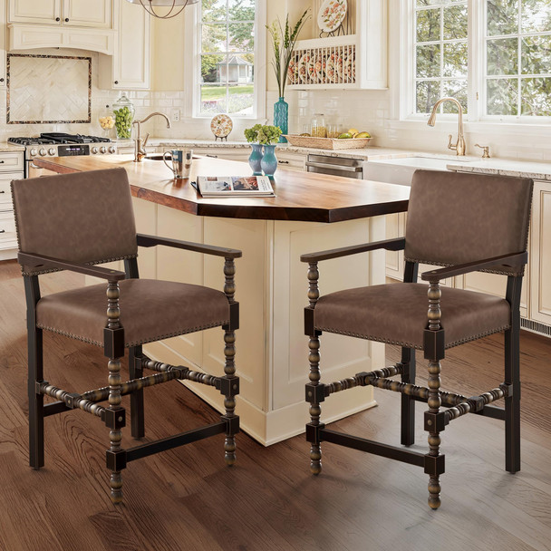 COZYMAN COUNTER HEIGHT BAR STOOLS SET OF 2 26''FRENCH LEATHER - BROWN/ESPRESSO