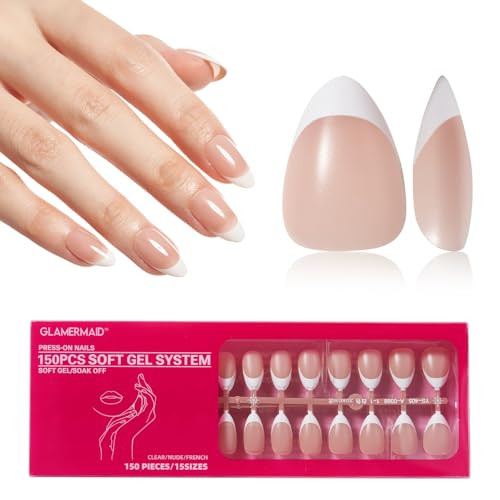 GLAMERMAID FRENCH TIP PRESS ON NAILS, 150PCS, DIY - SHORT ALMOND PINK New