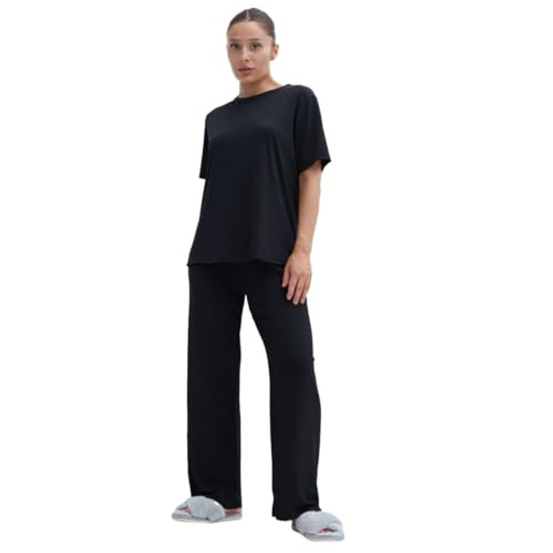Talmont Women's Pajama Set Short Sleeve 2 Piece Pjs Sleepwear Silky Soft Black