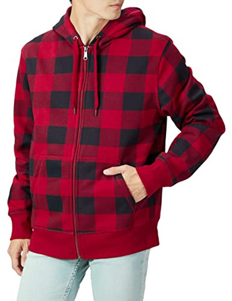 AMAZON ESSENTIALS MEN'S FULL-ZIP FLEECE HOODIE - SIZE: MEN L - BLACK RED PLAID New AMAZON ESSENTIALS MEN'S FULL-ZIP FLEECE HOODIE - SIZE: MEN L - BLACK RED PLAID New