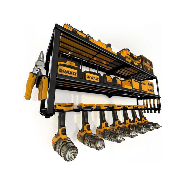 SAZMOS POWER TOOL ORGANIZER WALL MOUNT 7 DRILL HOLDER TOOL SHELF - BLACK