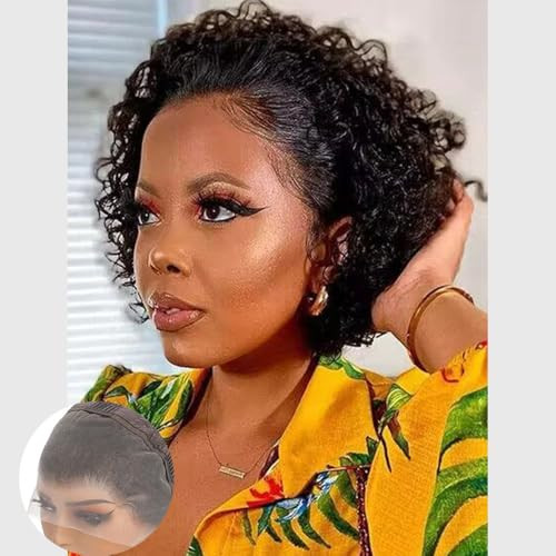 YKHJH 13x4 SHORT CURLY HUMAN HAIR WIGS PIXIE CUT WIG HUMAN HAIR 6 INCH - BLACK New