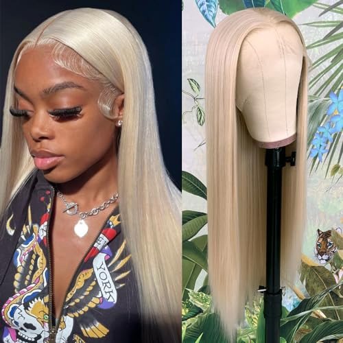 QD-TIZER Ash Blonde Hair Long Straight Synthetic Lace Front Wigs New