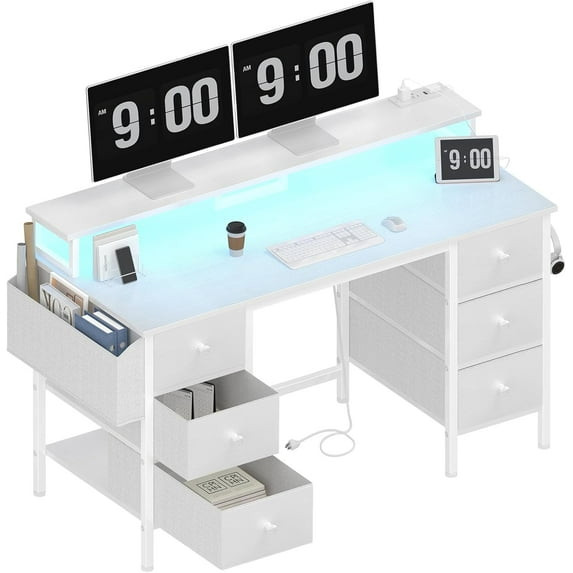 J&L 47 INCH GAMING DESK WITH DRAWERS & STORAGE SHELVES - WHITE