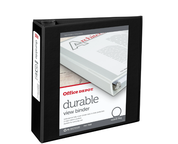 OFFICE DEPOT DURABLE VIEW 3-RING BINDER, 3" ROUND RINGS - BLACK OFFICE DEPOT DURABLE VIEW 3-RING BINDER, 3" ROUND RINGS - BLACK