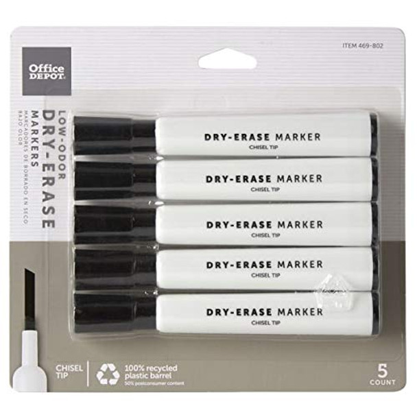 OFFICE DEPOT LOW-ODOR DRY-ERASE MARKERS POINT RECYCLED W-3113BK5 - BLACK New