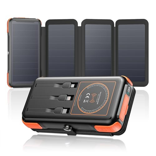 SOARAISE WIRELESS SOLAR POWER BANK, 25000MAH, 3 CABLES, 2 OUTPUTS - ORANGE
