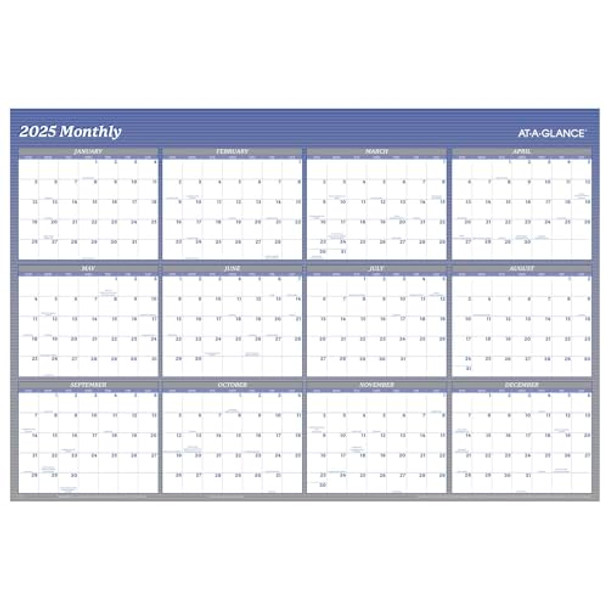 AT-A-GLANCE 2025 Wall Calendar, Dry Erase Wall Planner, Monthly, 48" x 32" Blue