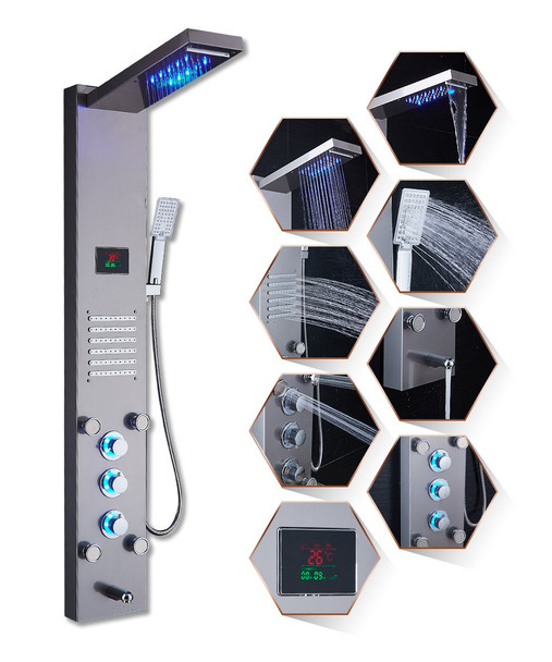 ELLO&ALLO LED RAINFALL WATERFALL SHOWER HEAD RAIN MASSAGE SYSTEM, BRUSHED NICKEL