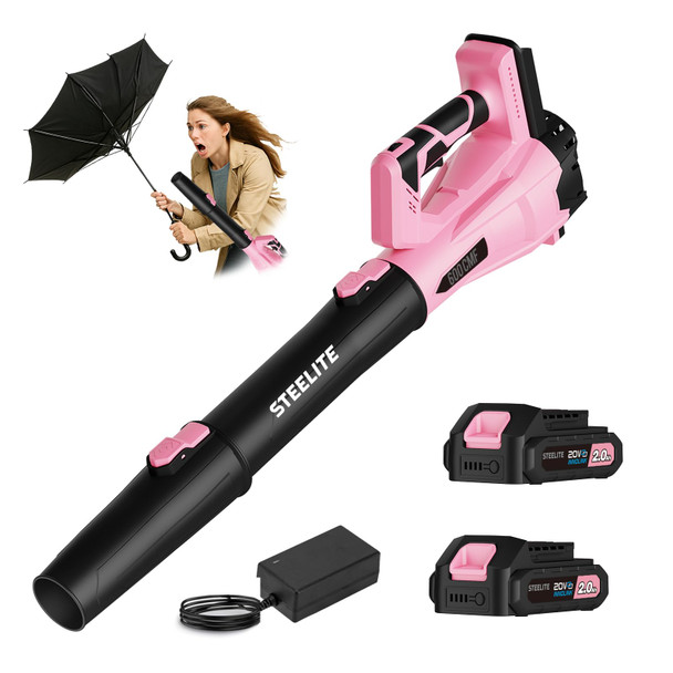 Steelite Leaf Blower Cordless with 2 Battery and Charger, 20V Electric, Pink