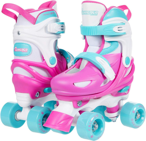 CHICAGO SKATES ADJUSTABLE QUAD ROLLER SKATE - SIZE: YOUTH 1-4 - PINK/WHITE/TEAL