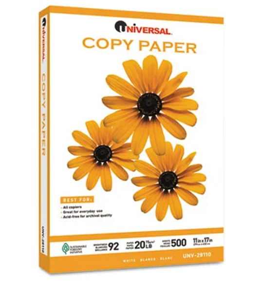 UNIVERSAL 28110 COPY PAPER- 92 BRIGHTNESS 20LB- 11 X 17- WHITE 500 SHEETS/CARTON New UNIVERSAL 28110 COPY PAPER- 92 BRIGHTNESS 20LB- 11 X 17- WHITE 500 SHEETS/CARTON New