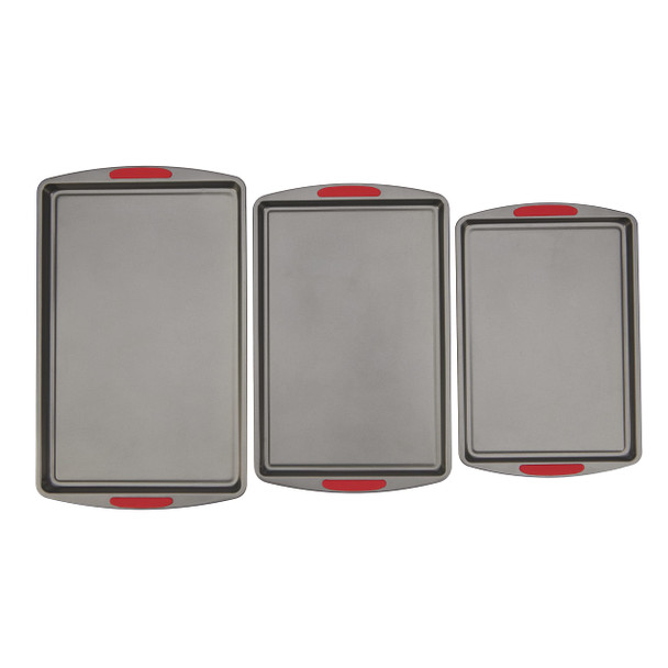 GOODCOOK MEGAGRIP SET OF 3 NONSTICK COOKIE SHEETS, SILICONE HANDLES - GRAY New GOODCOOK MEGAGRIP SET OF 3 NONSTICK COOKIE SHEETS, SILICONE HANDLES - GRAY New