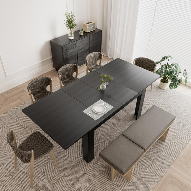 PATIOPERK EXTENDABLE DINING ROOM TABLE PLANK AND BEAM FARMHOUSE - BLACK
