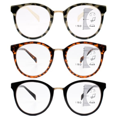 3 Pack Progressive Reading Glasses for Women Men Round Frame Multifocal Readers