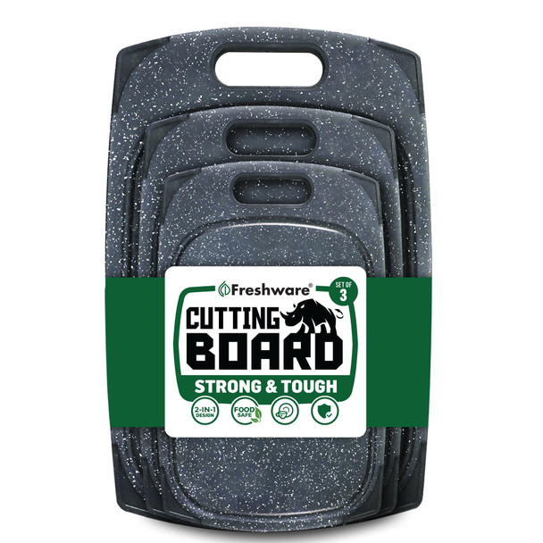 FRESHWARE PLASTIC CUTTING BOARD SET OF 3 JUICE GROOVES BC-330BK - BLACK MARBLE New