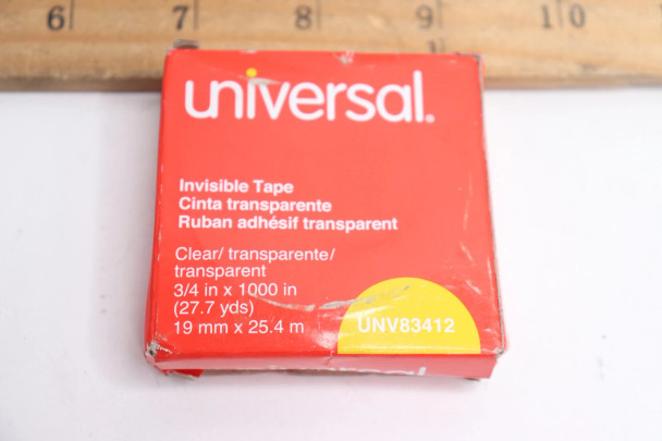 UNIVERSAL INVISIBLE TAPE CLEAR ACRYLIC 0.75" W X 28 YARDS LENGTH UNV83412 New UNIVERSAL INVISIBLE TAPE CLEAR ACRYLIC 0.75" W X 28 YARDS LENGTH UNV83412 New