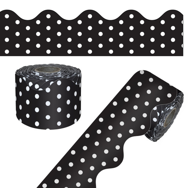 CARSON DELLOSA 65' BLACK WITH WHITE POLKA DOTS ROLLED SCALLOPED BULLETIN BOARD New CARSON DELLOSA 65' BLACK WITH WHITE POLKA DOTS ROLLED SCALLOPED BULLETIN BOARD New