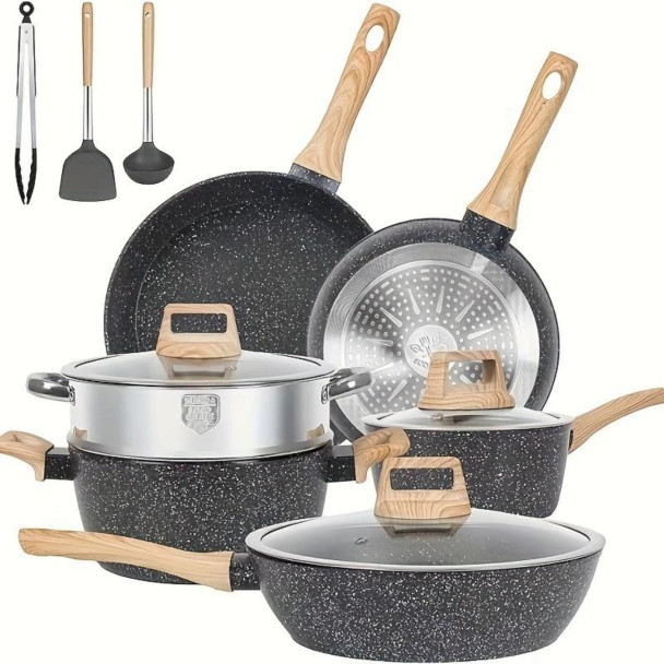 SODAY 12-PIECE NON-STICK COOKWARE SET INDUCTION GRANITE COATING - BLACK