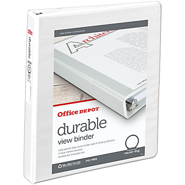 OFFICE DEPOT DURABLE VIEW 3-RING BINDER, 1" ROUND RINGS, WHITE New OFFICE DEPOT DURABLE VIEW 3-RING BINDER, 1" ROUND RINGS, WHITE New