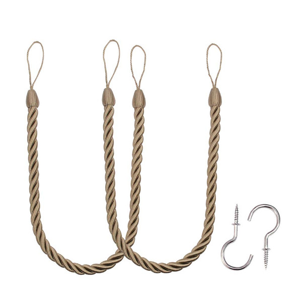 BEL AVENIR CURTAIN HANDMADE TIEBACKS ROPES HOLDBACKS 2 METAL SCREW HOOKS FLAXEN