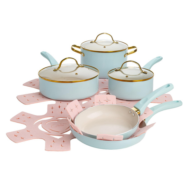 PARIS HILTON EPIC POTS PANS SET MULTI LAYER COATING TEMPERED GLASS LIDS, AQUA