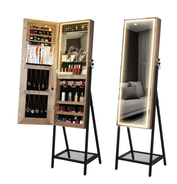 N/A JEWELRY ARMOIRE MIRROR FREE STANDING WITH LED LIGHT - NATURAL WOOD