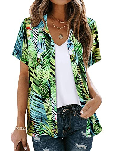 YTFSRUKP Womens Hawaiian Shirts Floral Printed Button V Neck Short Sleeve M A